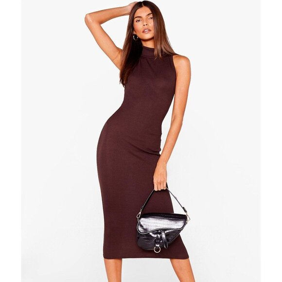NASTY GAL Brown Bodycon Stretchu Mock Neck Midi Dress Size 10 - Picture 1 of 5